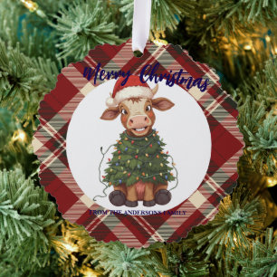 Cute merry Cow Christmas tree calf ox Xmas plaid Decoration Card