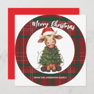 Cute merry Cow Christmas tree calf ox Xmas plaid Holiday Card