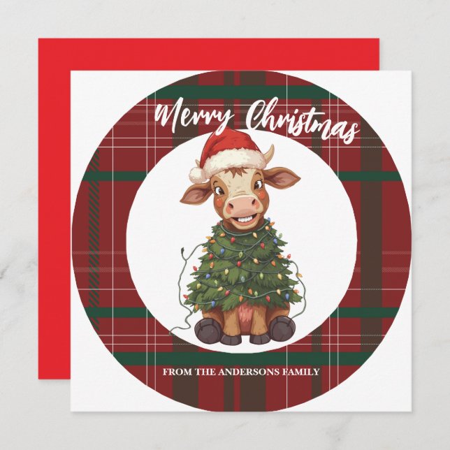 Cute merry Cow Christmas tree calf ox Xmas plaid Holiday Card (Front/Back)