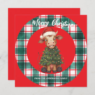 Cute merry Cow Christmas tree calf ox Xmas plaid Holiday Card
