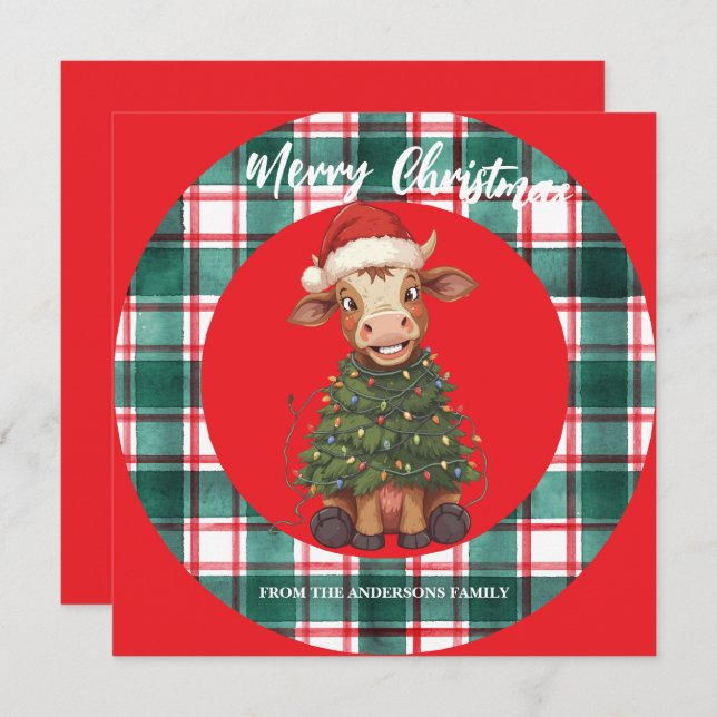 Cute merry Cow Christmas tree calf ox Xmas plaid Holiday Card (Front/Back)