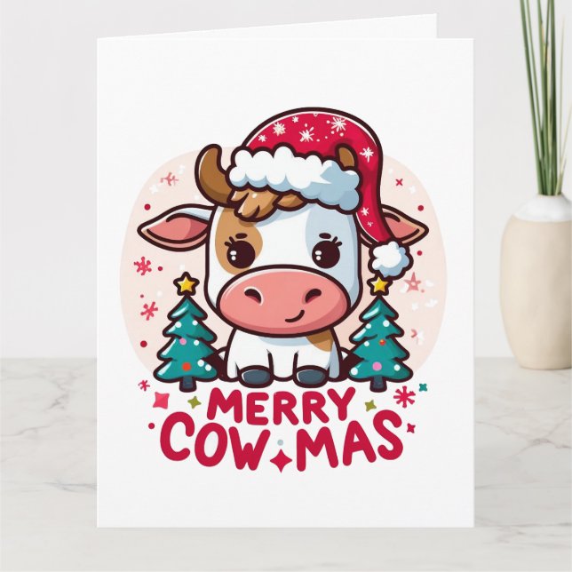 Cute "Merry Cowmas" Christmas Cow Card (Front)