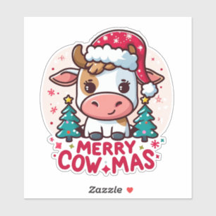 Cute "Merry Cowmas" Christmas Cow Sticker