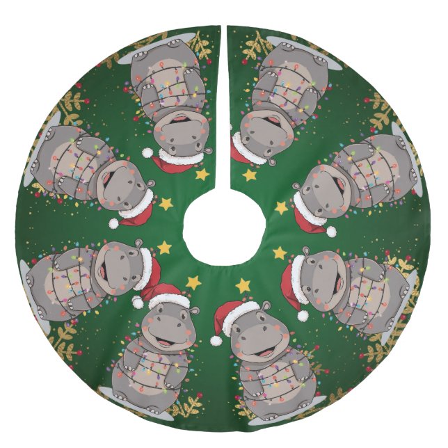Cute merry Hippo christmas tree zoo safari Xmas pa Brushed Polyester Tree Skirt (Front)