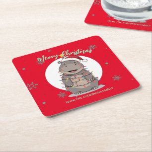 Cute merry Hippo christmas tree zoo safari Xmas Square Paper Coaster