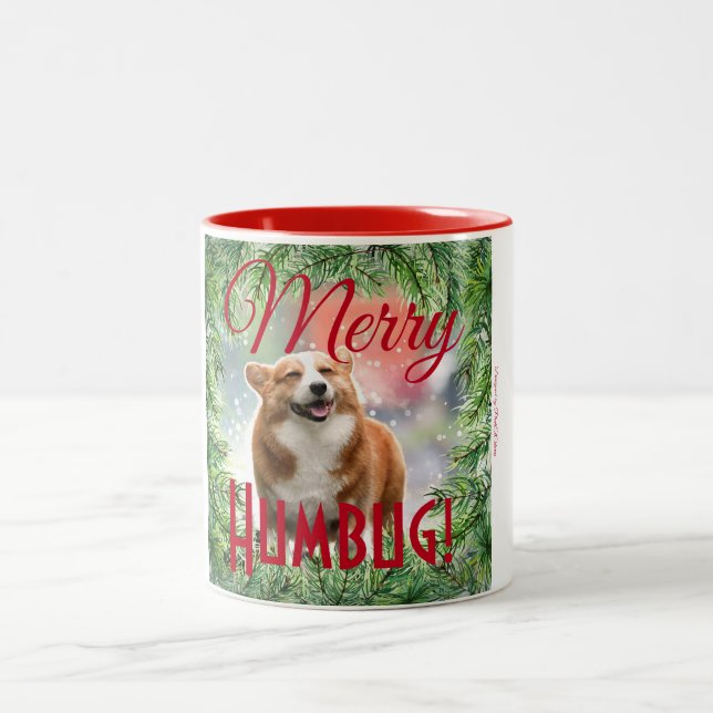 Cute 'Merry Humbug!' Dog Photo Christmas Wreath Two-Tone Coffee Mug (Center)