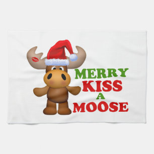 Cute Merry Kiss A Moose Christmas Tea Towel