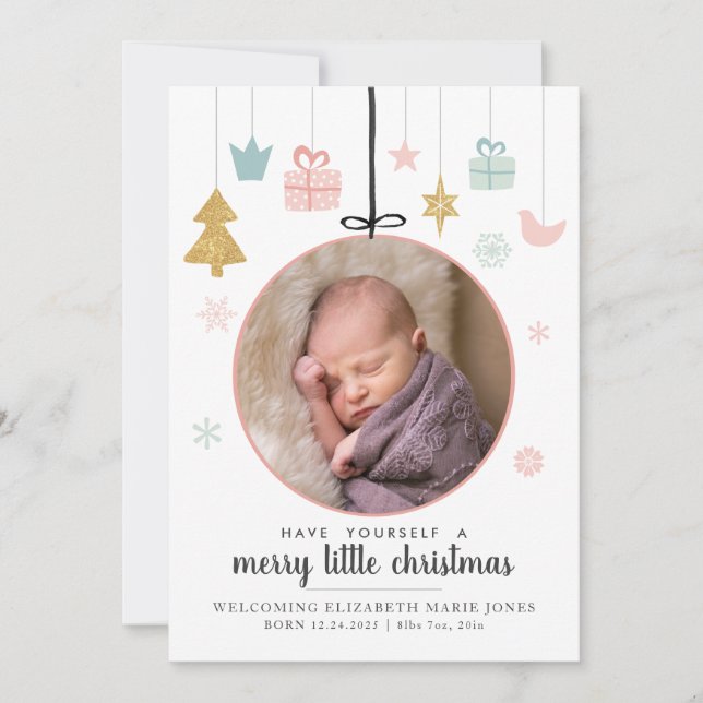 Cute Merry Little Christmas Ornament Photo Birth Announcement (Front)
