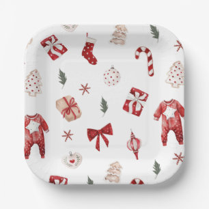 Cute Merry Little Red Winter Christmas Baby Shower Paper Plate