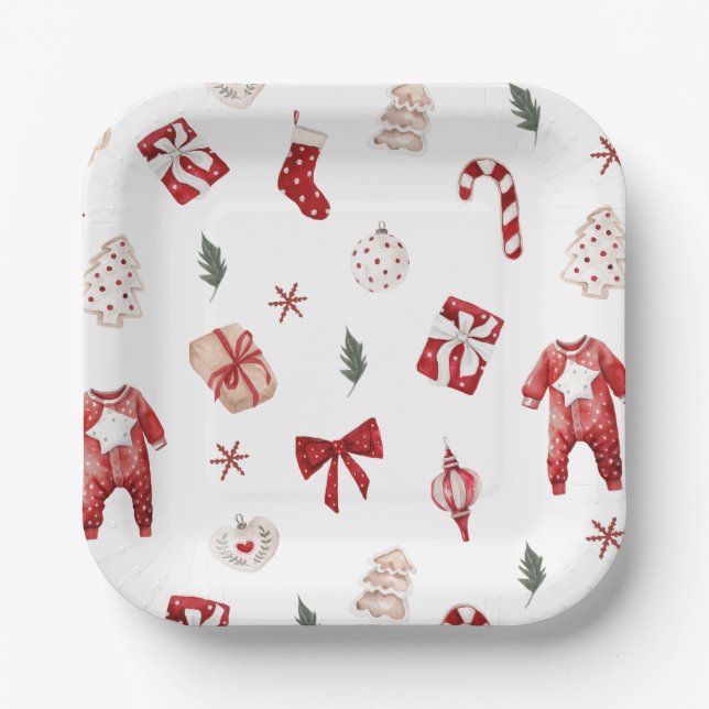 Cute Merry Little Red Winter Christmas Baby Shower Paper Plate (Front)