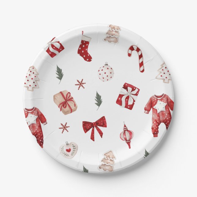 Cute Merry Little Red Winter Christmas Baby Shower Paper Plate (Front)