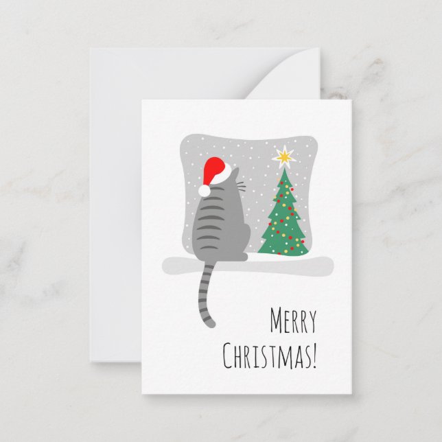 Cute Merry Meowy Christmas Tree Cat Snow Card (Front)