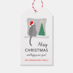 Cute Merry Meowy Christmas Tree Cat Snow  Gift Tags