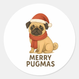 Cute Merry Pugmas Festive Holiday Pug Classic Round Sticker