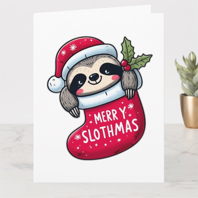 Cute "Merry Slothmas" Christmas Sloth Card (Small Plant)