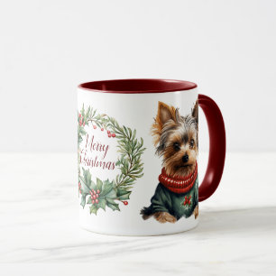 Cute Merry Yorkshire Terrier Dog Christmas Mug