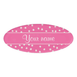 Cute Messy White Polka Dots Pink Background Name Tag