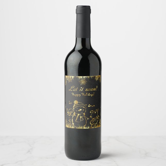 Cute Metallic Gold And Black- Merry Christmas Wine Label (Front)