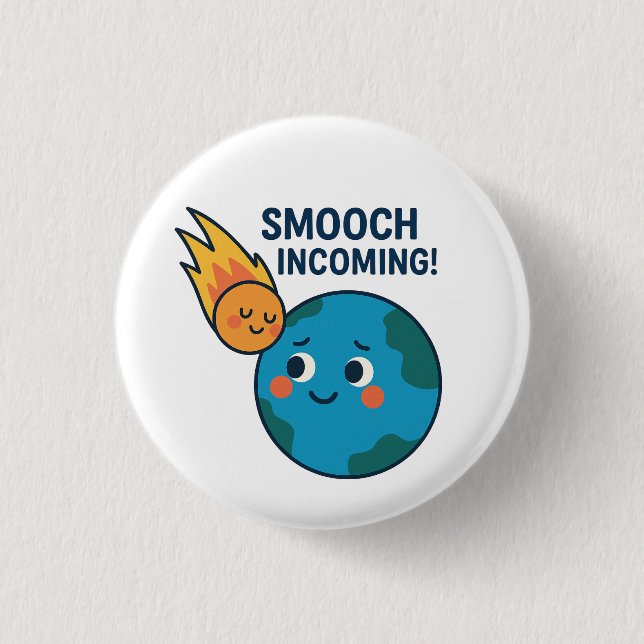 Cute Meteor and Earth Cartoon - “Smooch" Button (Front)
