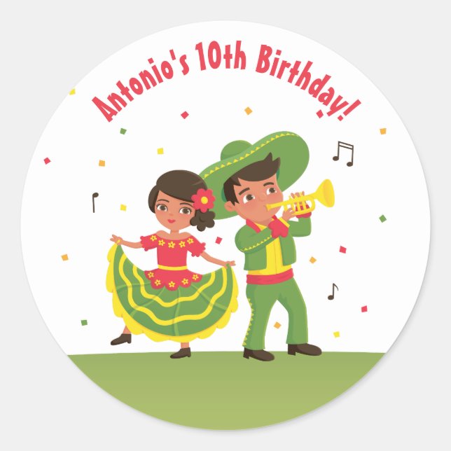 Cute Mexican Fiesta Hispanic Kids Party Stickers (Front)