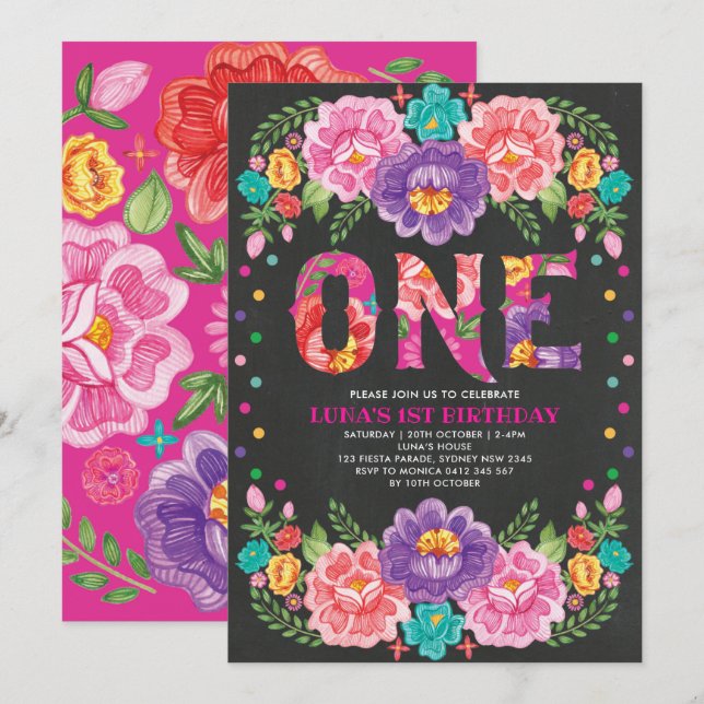 Cute Mexican Floral Fiesta 1st Birthday Chalkboard Invitation (Front/Back)