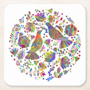 Cute Mexican Folk Art, Birds and Flowers Square Paper Coaster