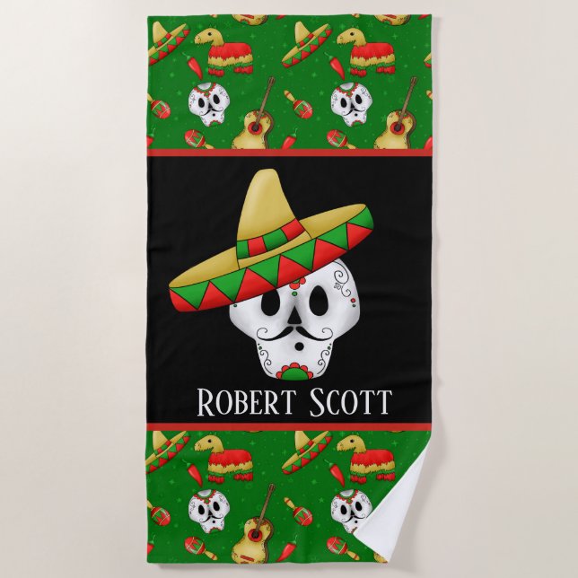 Cute Mexican skull add name Beach Towel (Front)