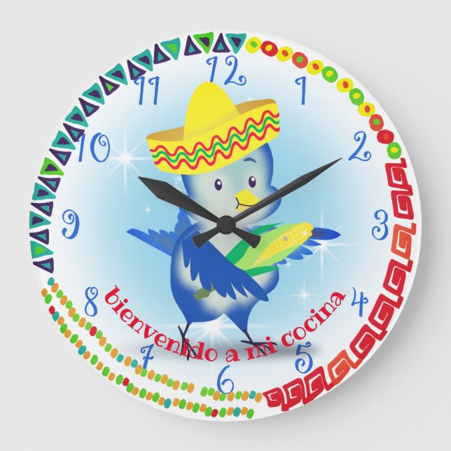 Cute Mexican sombrero bird personalised kitchen Large Clock (Front)