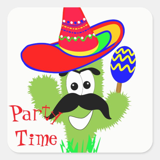 Cute Mexican Sombrero Cactus Fun Party Time Square Sticker (Front)