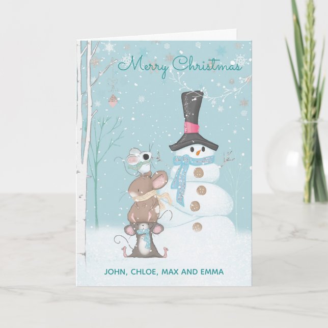Cute Mice and Snowman Custom Typography Card (Front)