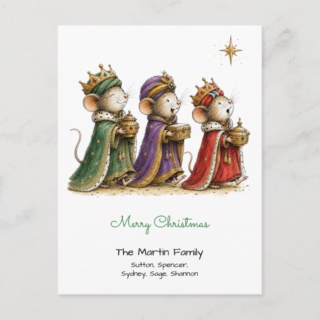 Cute Mice as Three Wise Men Merry Christmas Postcard (Front)