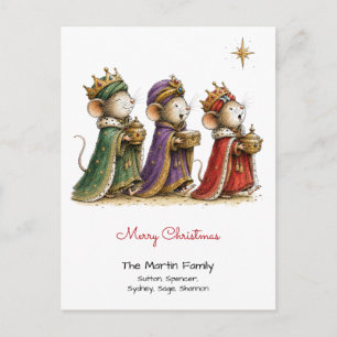 Cute Mice as Three Wise Men Merry Christmas Red Postcard