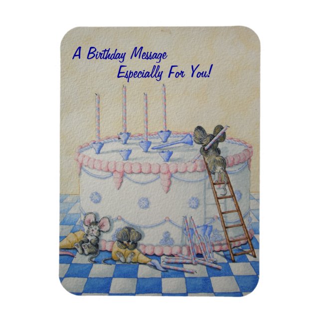 Cute mice birthday cake original illustration magnet (Vertical)
