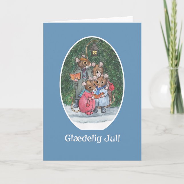 Cute Mice Carol Singers Danish Greeting Holiday Card (Front)