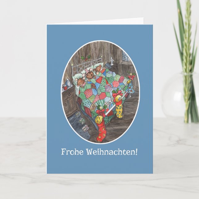 Cute Mice Christmas Stockings German Greeting Holiday Card (Front)