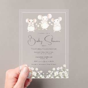 Cute Mice & Daisies Pink Baby Shower Acrylic Invitations
