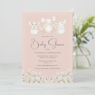 Cute Mice & Daisies Pink Baby Shower Invitation