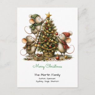 Cute Mice Decorating Tree Merry Christmas Green Postcard