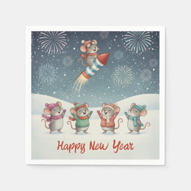 Cute Mice Happy New Year Fireworks Napkin (Front)
