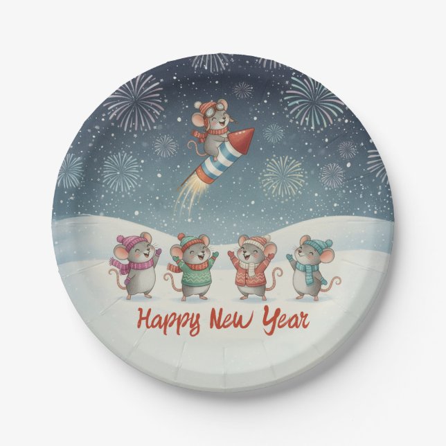 Cute Mice Happy New Year Fireworks Paper Plate (Front)
