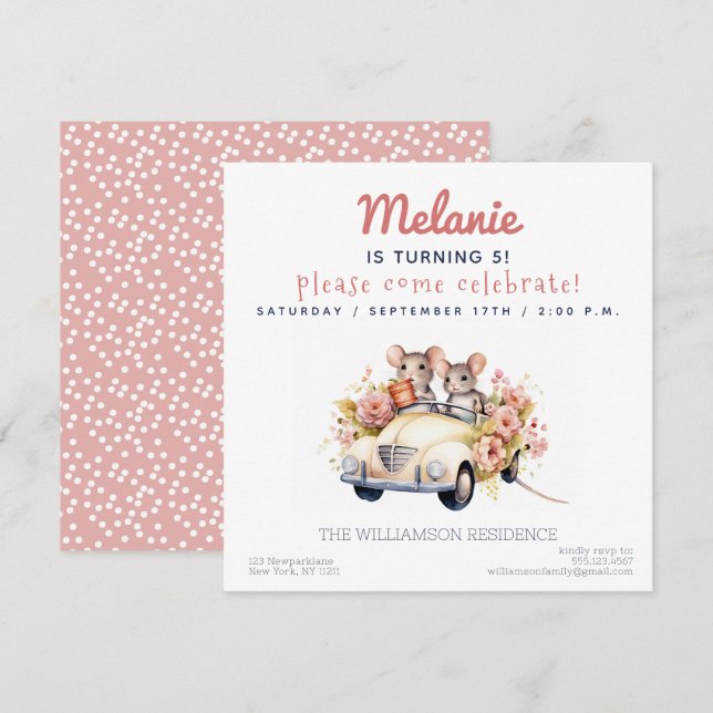 Cute Mice in a Car Kids Birthday Party Invitation (Front/Back)