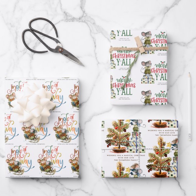 Cute Mice Jingle All The Way Merry Christmas Name Wrapping Paper Sheet (Front)