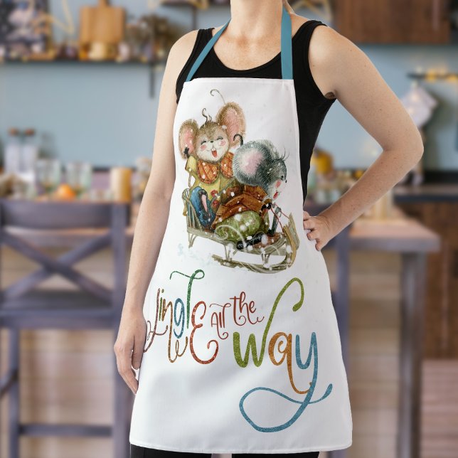 Cute Mice on Sleigh Jingle All The Way Glitter Apron (Festive fun for your holiday cooking!)