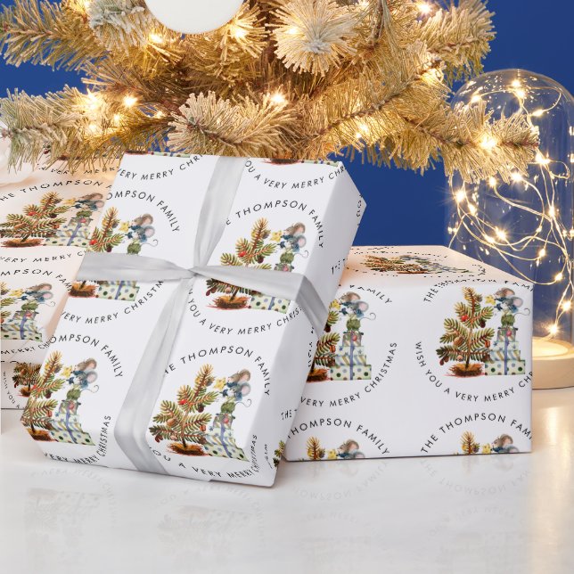 Cute Mice Pattern Merry Christmas Tree Name Wrapping Paper (Holidays)