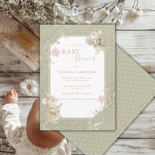 Cute Mice Sage Green Floral Vintage Baby Shower Invitation