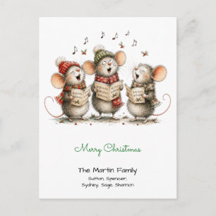 Cute Mice Singing Carols Merry Christmas Green Postcard