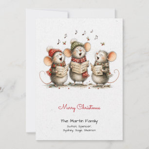 Cute Mice Singing Carols Red Merry Christmas Card
