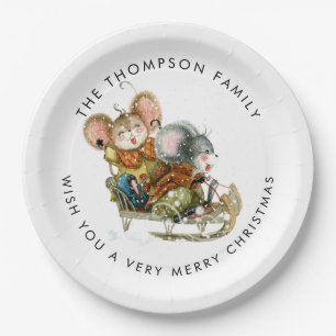 Cute Mice Sleigh Merry Christmas Paper Plate