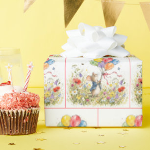 Cute Mice with Balloon Bouquets in Wildflowers Wrapping Paper