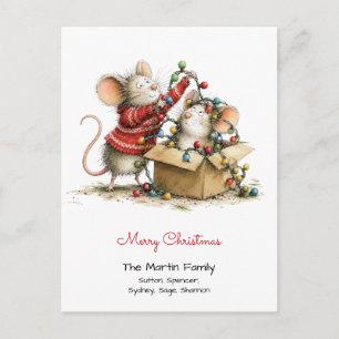 Cute Mice with Tree Lights Merry Christmas Postcard